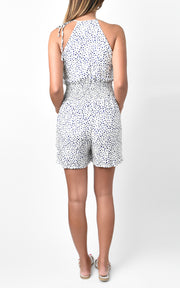 Amadi Smocked Waistline Halter Neckline Romper Blue Dots